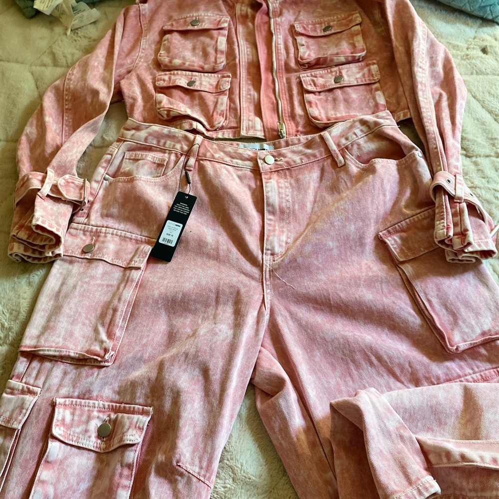 NWT- Pale pink denim set, cropped denim jacket and denim cargo pant